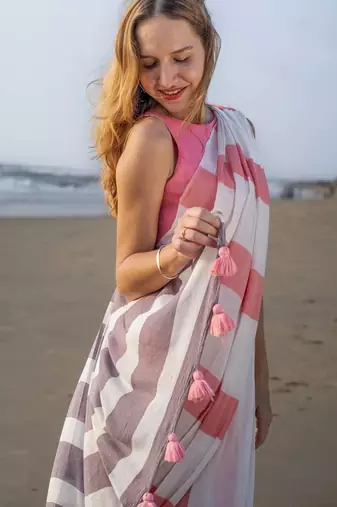  multicolor Abstract Stripe Print Muslin Cotton Saree