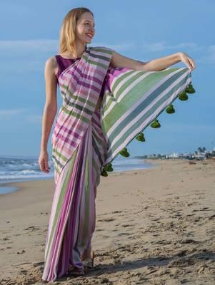  multicolor Abstract Stripe Print Muslin Cotton Saree 2