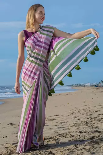  multicolor Abstract Stripe Print Muslin Cotton Saree