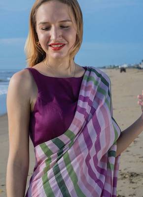  multicolor Abstract Stripe Print Muslin Cotton Saree 3