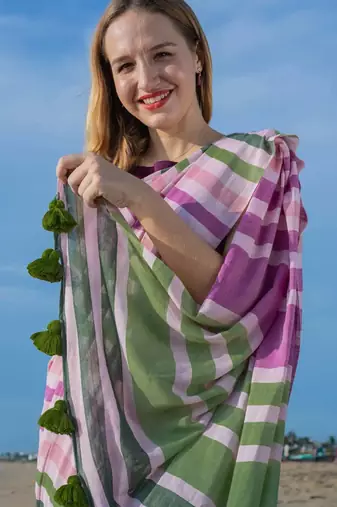  multicolor Abstract Stripe Print Muslin Cotton Saree