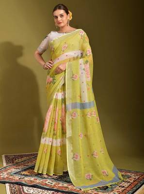 white Floral Digital Print Zari Cotton linen Saree 1