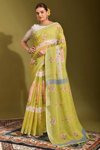 white Floral Digital Print Zari Cotton linen Saree
