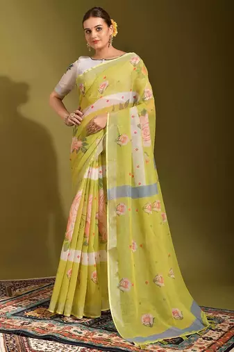 white Floral Digital Print Zari Cotton linen Saree