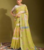 white Floral Digital Print Zari Cotton linen Saree