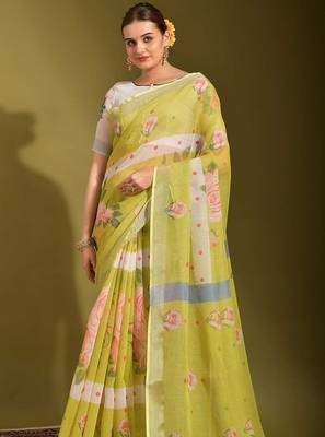 white Floral Digital Print Zari Cotton linen Saree 2
