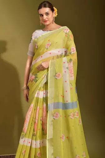 white Floral Digital Print Zari Cotton linen Saree