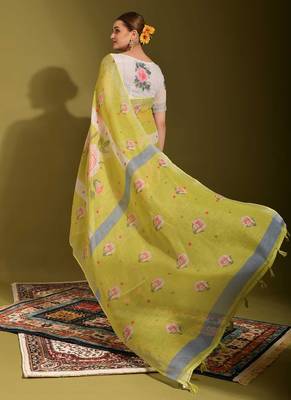 white Floral Digital Print Zari Cotton linen Saree 3