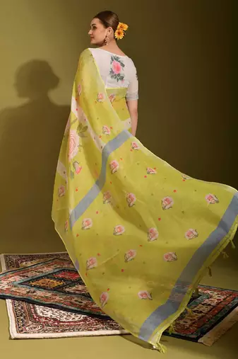 white Floral Digital Print Zari Cotton linen Saree