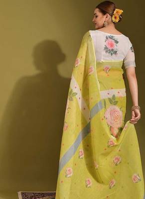 white Floral Digital Print Zari Cotton linen Saree 4
