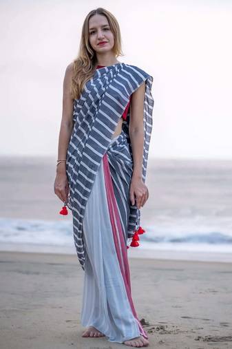  multicolor Abstract Stripe Print Muslin Cotton Saree
