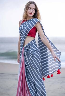  multicolor Abstract Stripe Print Muslin Cotton Saree 2