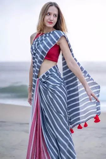  multicolor Abstract Stripe Print Muslin Cotton Saree