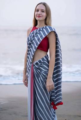  multicolor Abstract Stripe Print Muslin Cotton Saree 3