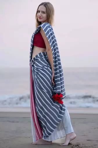  multicolor Abstract Stripe Print Muslin Cotton Saree