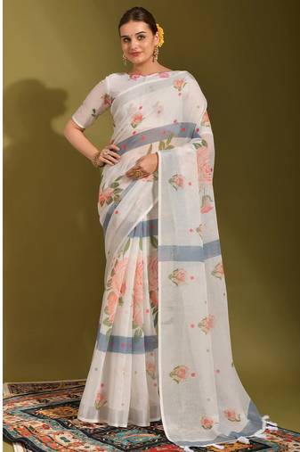Floral digital print zari cotton lilen  saree with multicolored cotton tussle at pallu