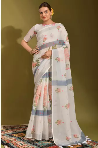 Floral digital print zari cotton lilen  saree with multicolored cotton tussle at pallu