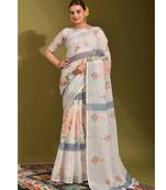Floral digital print zari cotton lilen  saree with multicolored cotton tussle at pallu