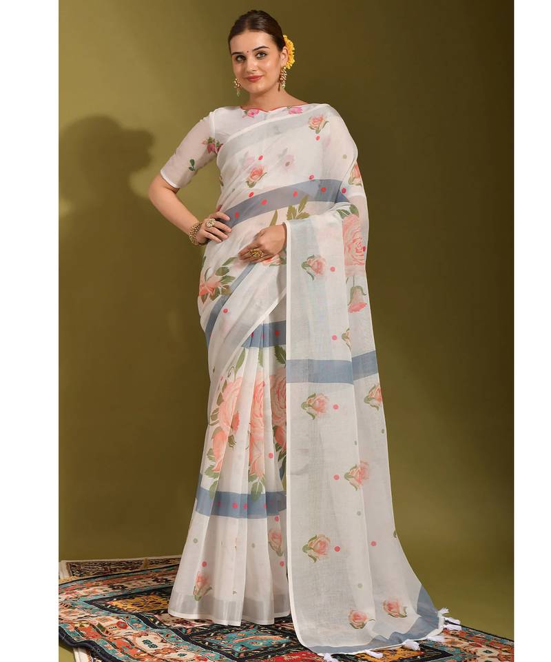 Floral digital print zari cotton lilen  saree with multicolored cotton tussle at pallu