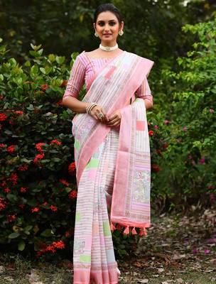 pink Kantha work Digital Print Zari Cotton linen Saree 1