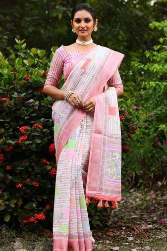 pink Kantha work Digital Print Zari Cotton linen Saree