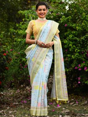  lemon Kantha work Digital Print Zari Cotton linen Saree 1