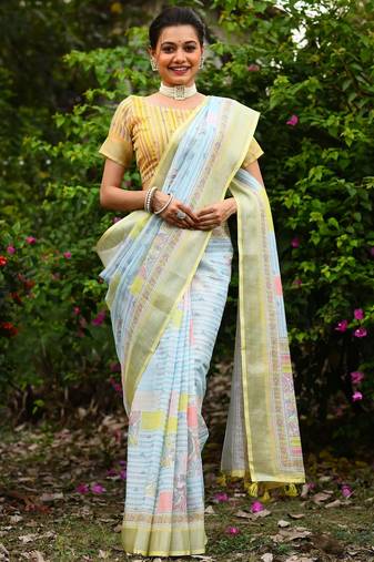  lemon Kantha work Digital Print Zari Cotton linen Saree