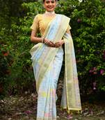  lemon Kantha work Digital Print Zari Cotton linen Saree