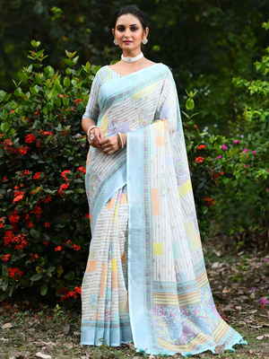  sky blue Kantha work Digital Print Zari Cotton linen Saree 1