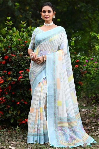  sky blue Kantha work Digital Print Zari Cotton linen Saree