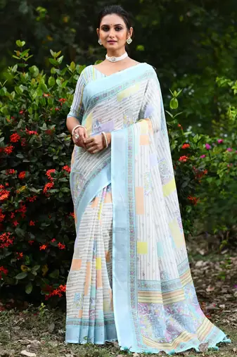  sky blue Kantha work Digital Print Zari Cotton linen Saree