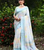  sky blue Kantha work Digital Print Zari Cotton linen Saree