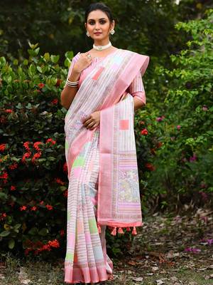 pink Kantha work Digital Print Zari Cotton linen Saree 2