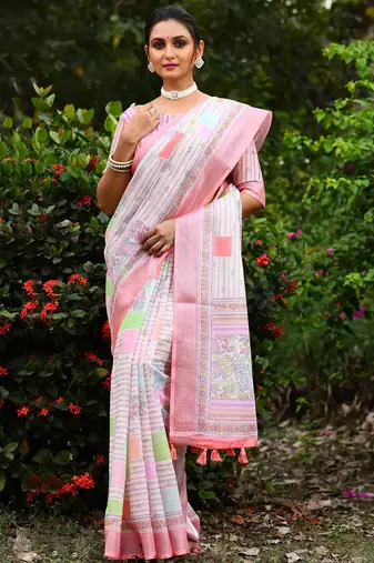 pink Kantha work Digital Print Zari Cotton linen Saree