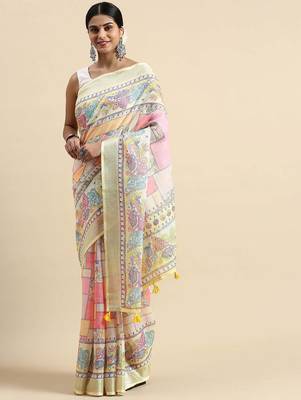  yellow Kantha work Digital Print Zari Cotton linen Saree 1