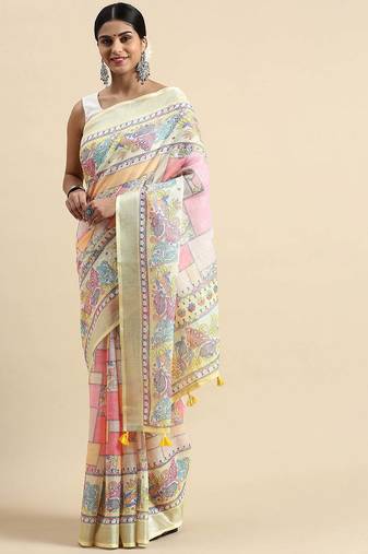  yellow Kantha work Digital Print Zari Cotton linen Saree