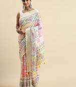  yellow Kantha work Digital Print Zari Cotton linen Saree