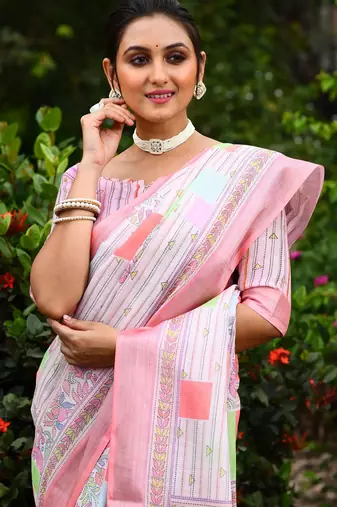 pink Kantha work Digital Print Zari Cotton linen Saree