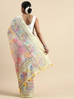 yellow Kantha work Digital Print Zari Cotton linen Saree 2