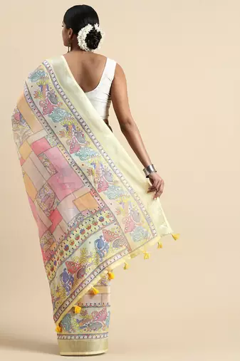  yellow Kantha work Digital Print Zari Cotton linen Saree