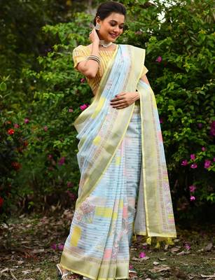  lemon Kantha work Digital Print Zari Cotton linen Saree 2