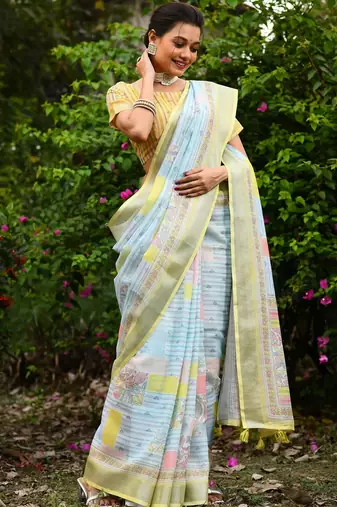  lemon Kantha work Digital Print Zari Cotton linen Saree