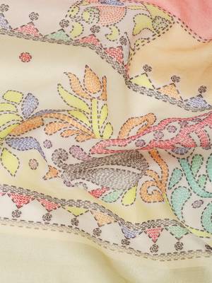  yellow Kantha work Digital Print Zari Cotton linen Saree 3