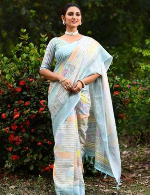  sky blue Kantha work Digital Print Zari Cotton linen Saree 2