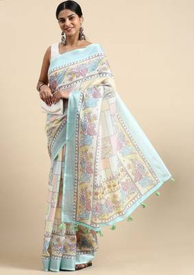  sky blue Kantha work Digital Print Zari Cotton linen Saree 1