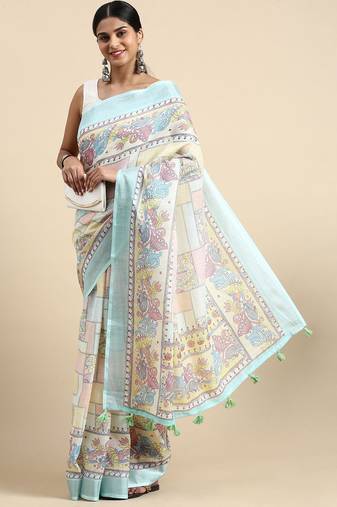  sky blue Kantha work Digital Print Zari Cotton linen Saree