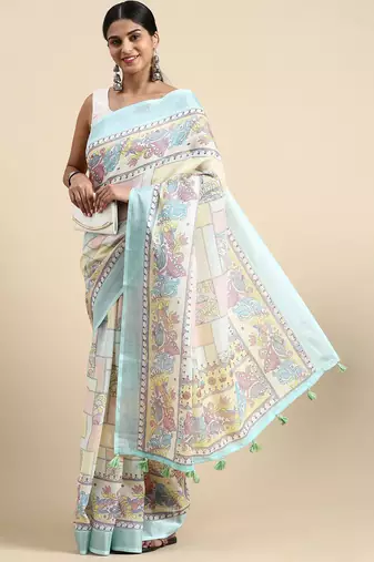  sky blue Kantha work Digital Print Zari Cotton linen Saree