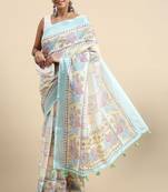  sky blue Kantha work Digital Print Zari Cotton linen Saree