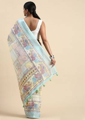  sky blue Kantha work Digital Print Zari Cotton linen Saree 2