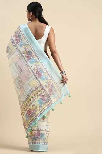  sky blue Kantha work Digital Print Zari Cotton linen Saree
